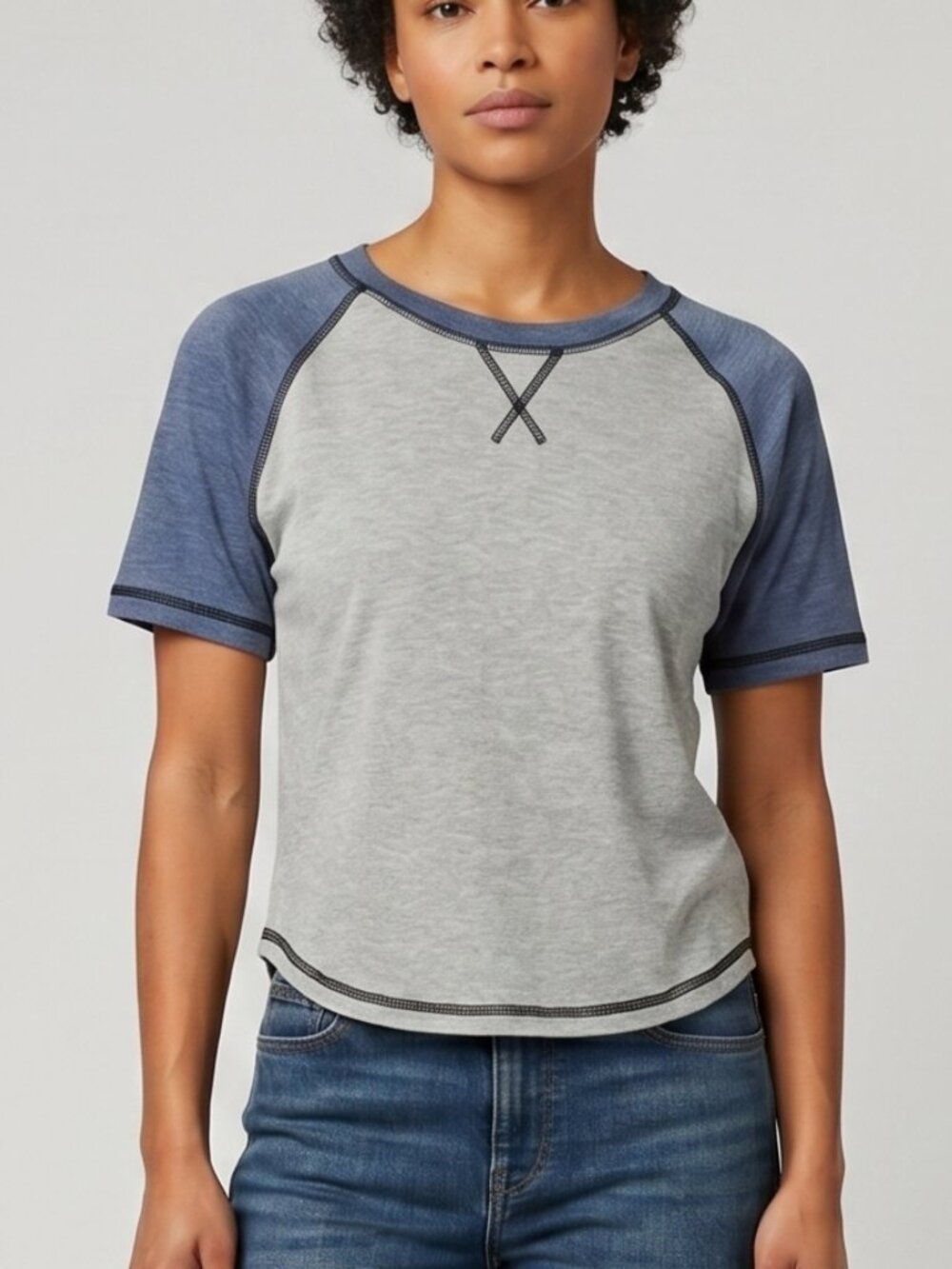NWT | LILYCOCO Gray & Blue Raglan Sleeve Top | Sporty Contrast Stitch | Size L